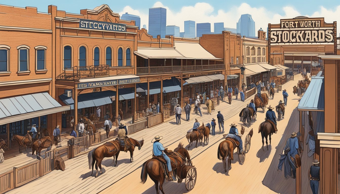 The iconic Fort Worth Stockyards with the Texas Cowboy Hall of Fame in the background, showcasing the rich history and culture of Texas cowboys