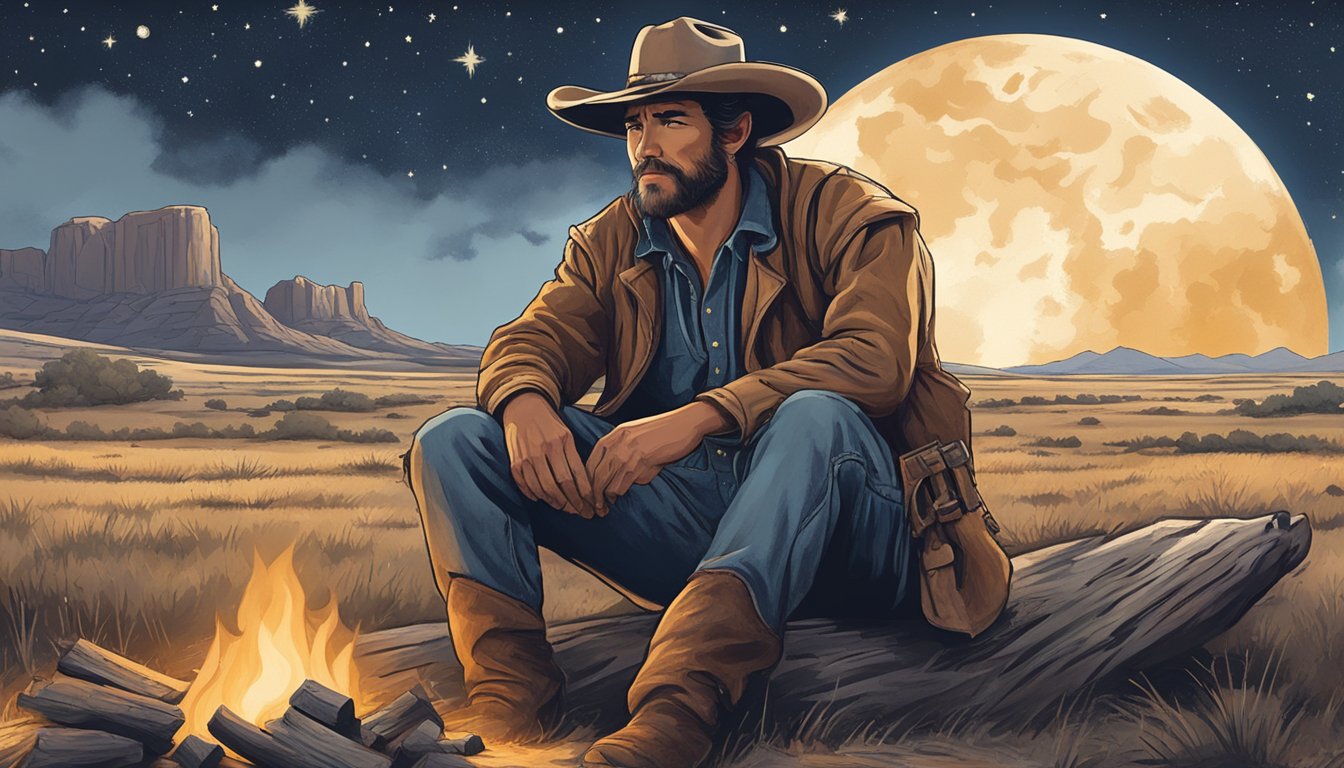 A lone cowboy sits by a crackling campfire, surrounded by vast open plains and a starry night sky. His weathered face reflects the rugged spirit of the Texas frontier