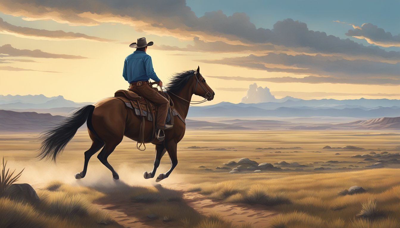 A lone cowboy riding a horse across a vast, open prairie with a rugged landscape and a big Texas sky in the background