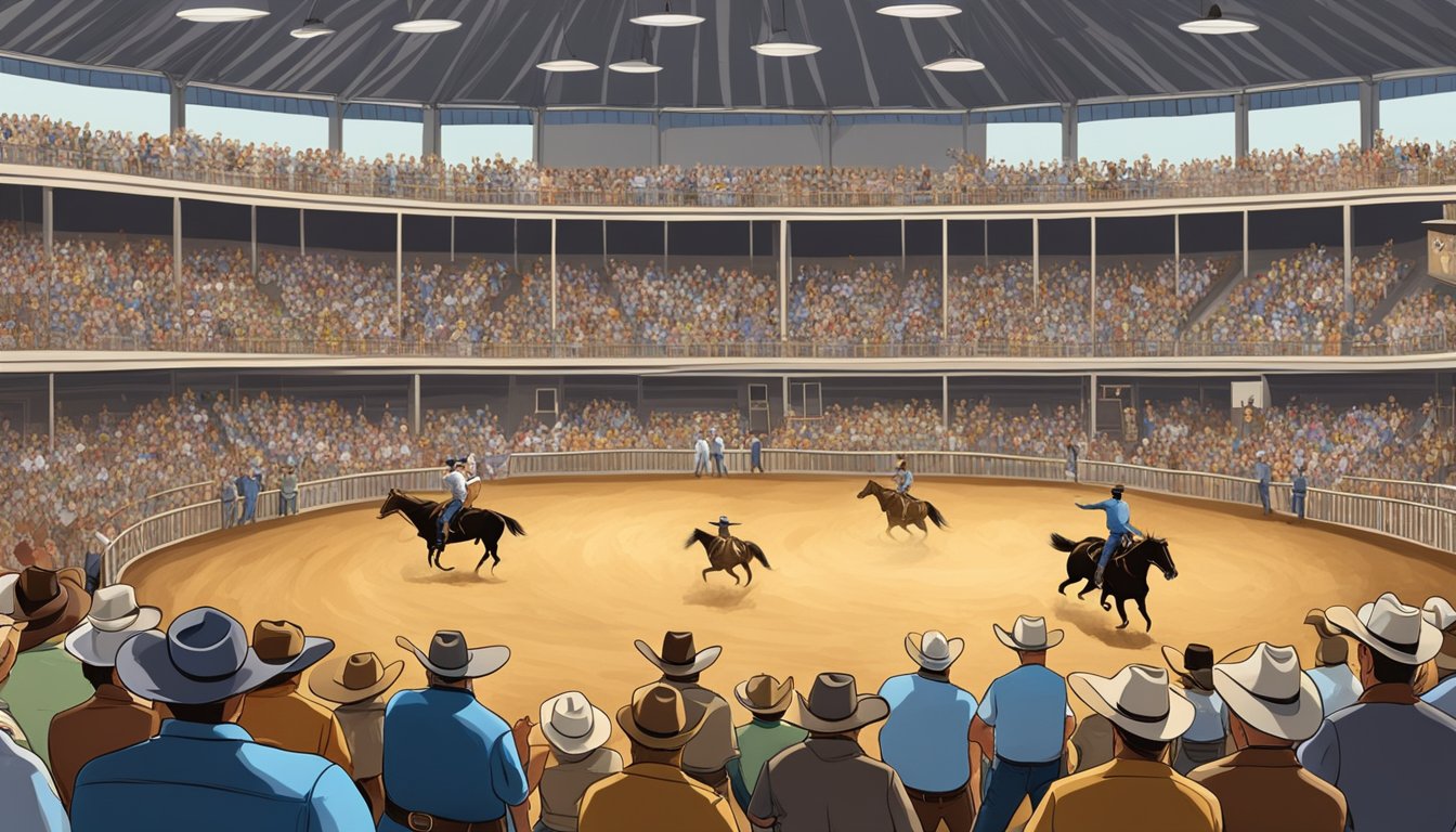 A crowded rodeo arena with cheering spectators and cowboys competing in various events at the Texas Cowboy Hall of Fame