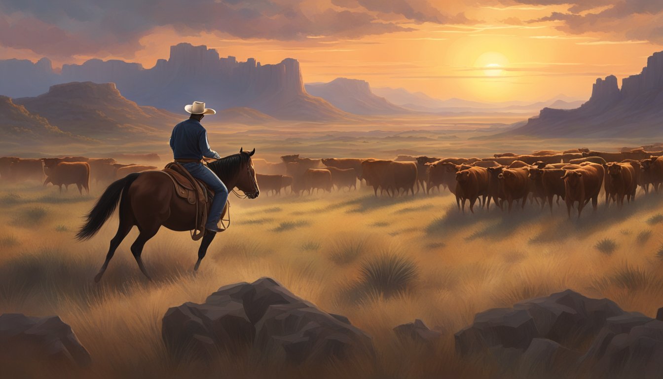 A lone cowboy riding through the rugged Texas landscape, with a herd of cattle in the distance and a dramatic sunset in the sky