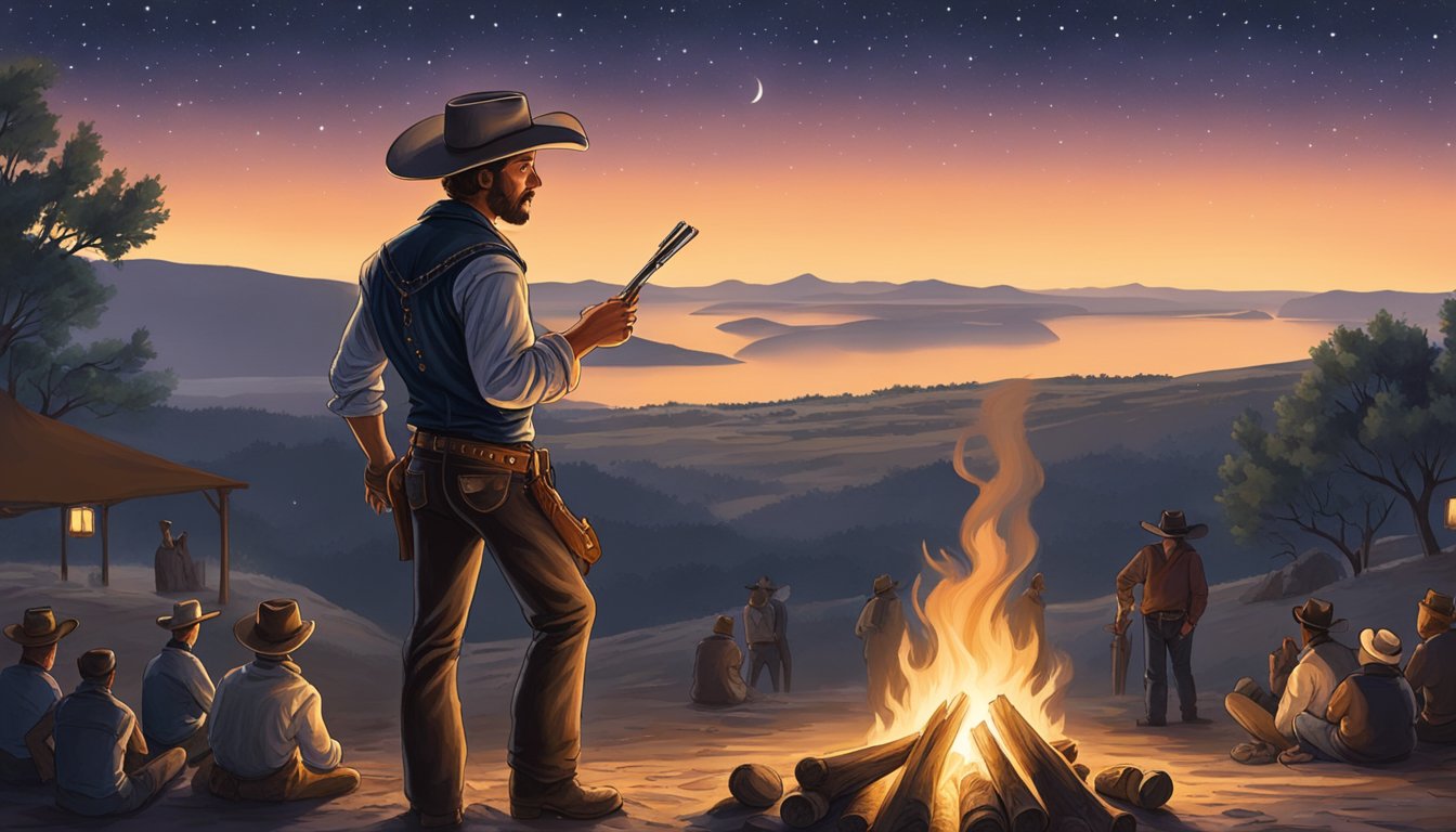 A lone cowboy stands by a campfire, reciting poetry to a mesmerized audience of fellow cowboys under the starry Texas sky