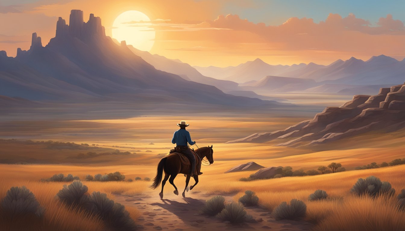 A lone cowboy riding on horseback across a vast Texas landscape, with a backdrop of rugged mountains and a setting sun