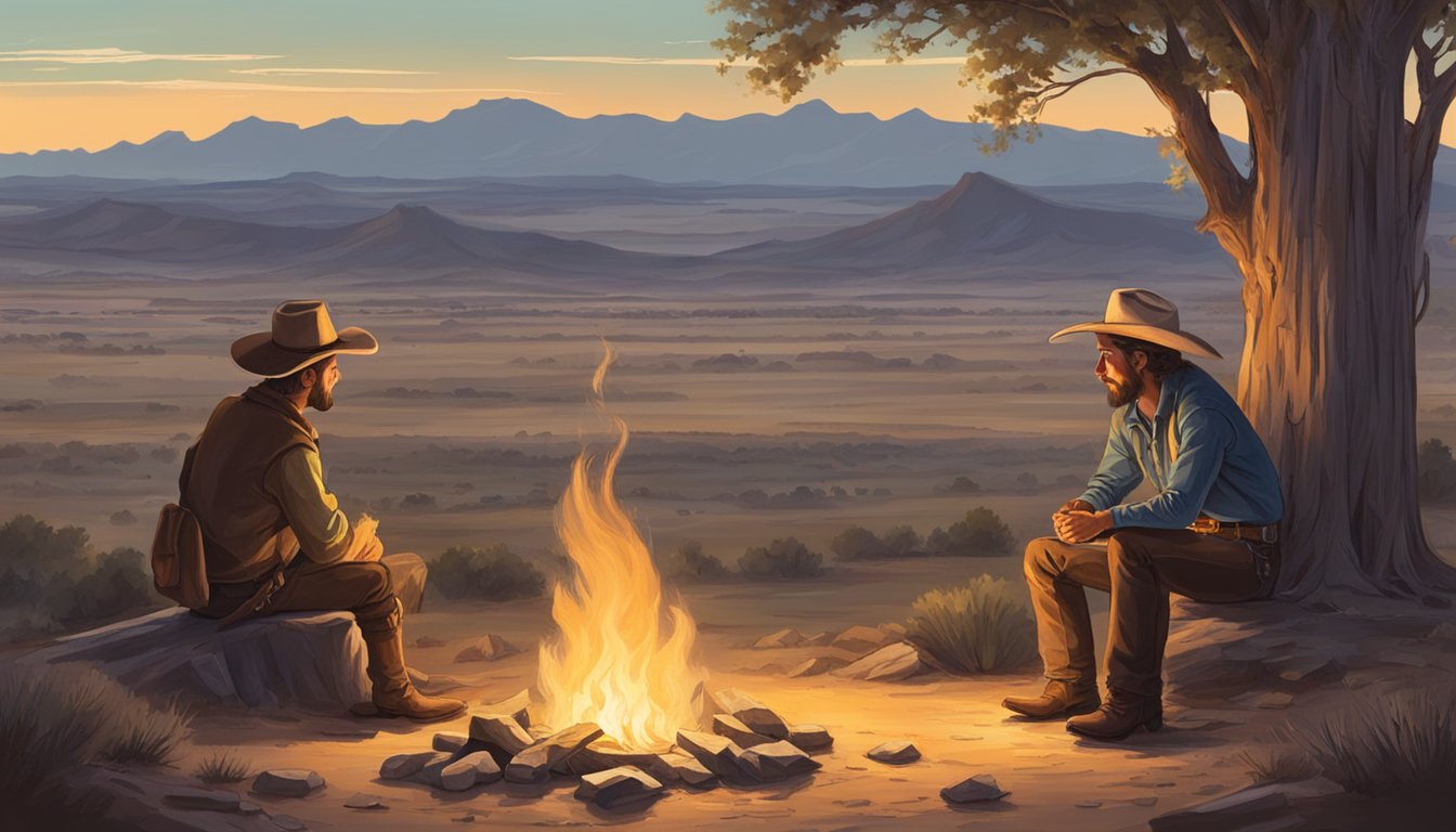 A lone cowboy sits by a campfire, surrounded by vast Texan plains, reciting poetry to a rapt audience of fellow cowboys