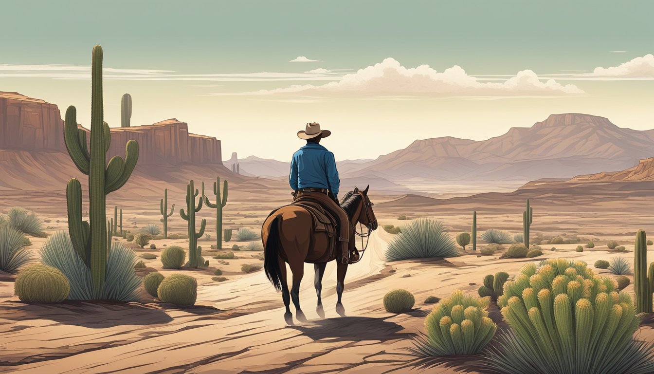 A lone cowboy rides through the rugged Texas landscape, with rolling hills and cacti in the background. The setting is dry and desolate, with a sense of isolation and independence