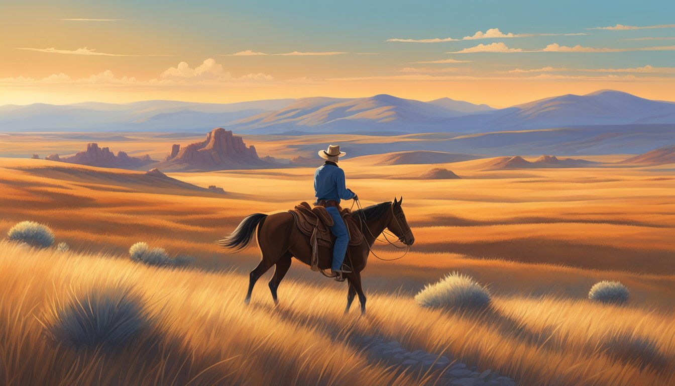 A lone cowboy rides through a vast, open prairie, surrounded by rolling hills and a big, blue sky. A campfire burns in the distance, casting a warm glow on the landscape