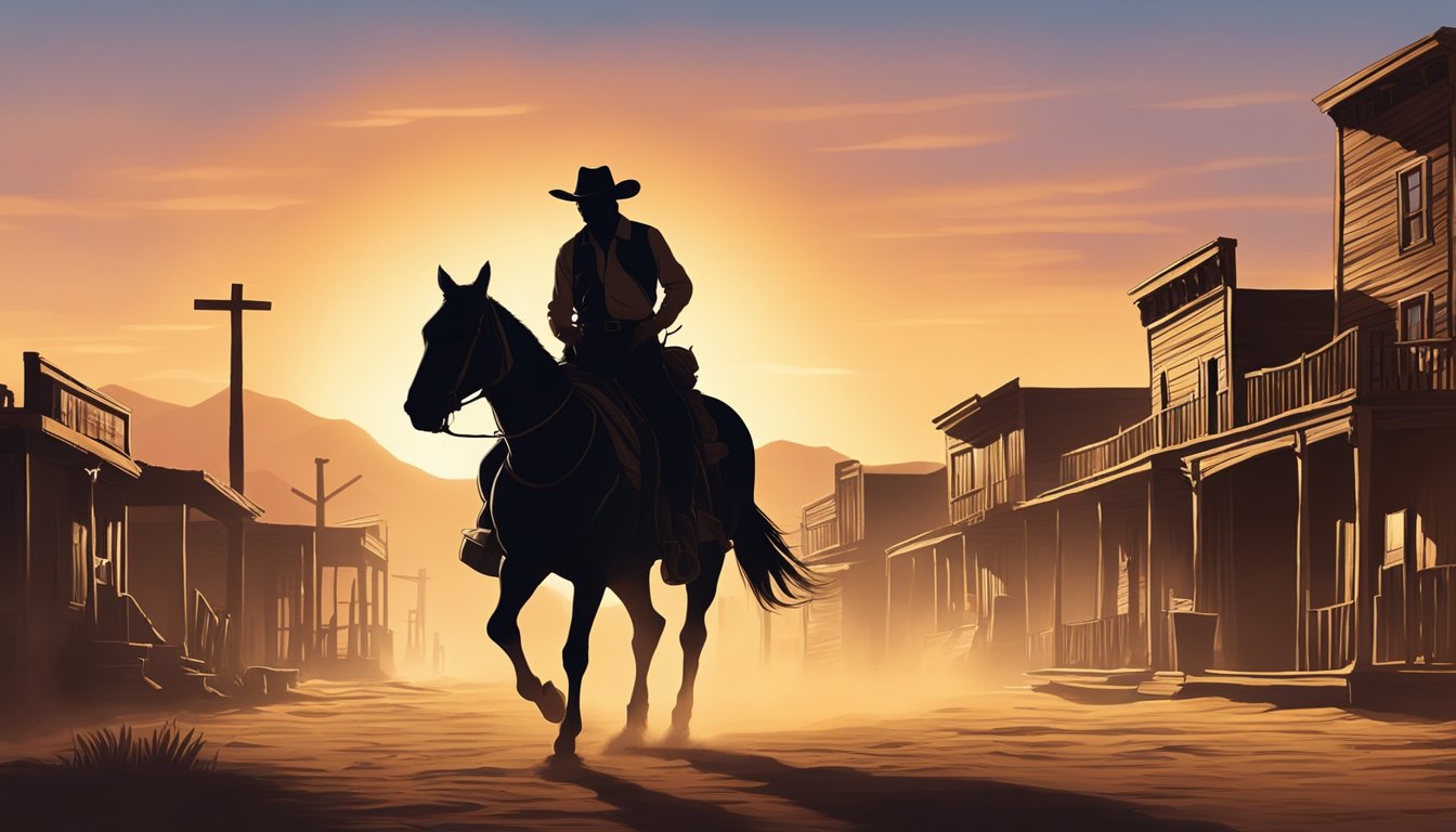 A lone cowboy rides through a dusty western town, his silhouette framed by the setting sun. The iconic image of a rugged Texan cowboy is captured in the film