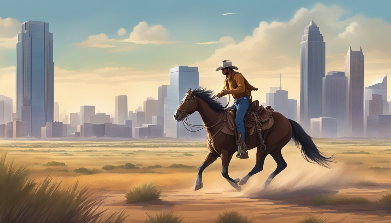 A lone cowboy rides across the Texas plains, with a backdrop of modern skyscrapers and bustling city life in the distance