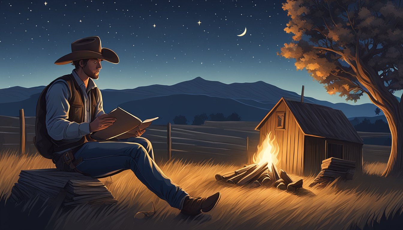 A lone cowboy reciting poetry by a campfire under the starry Texas sky, with a backdrop of rolling hills and a rustic, wooden schoolhouse in the distance