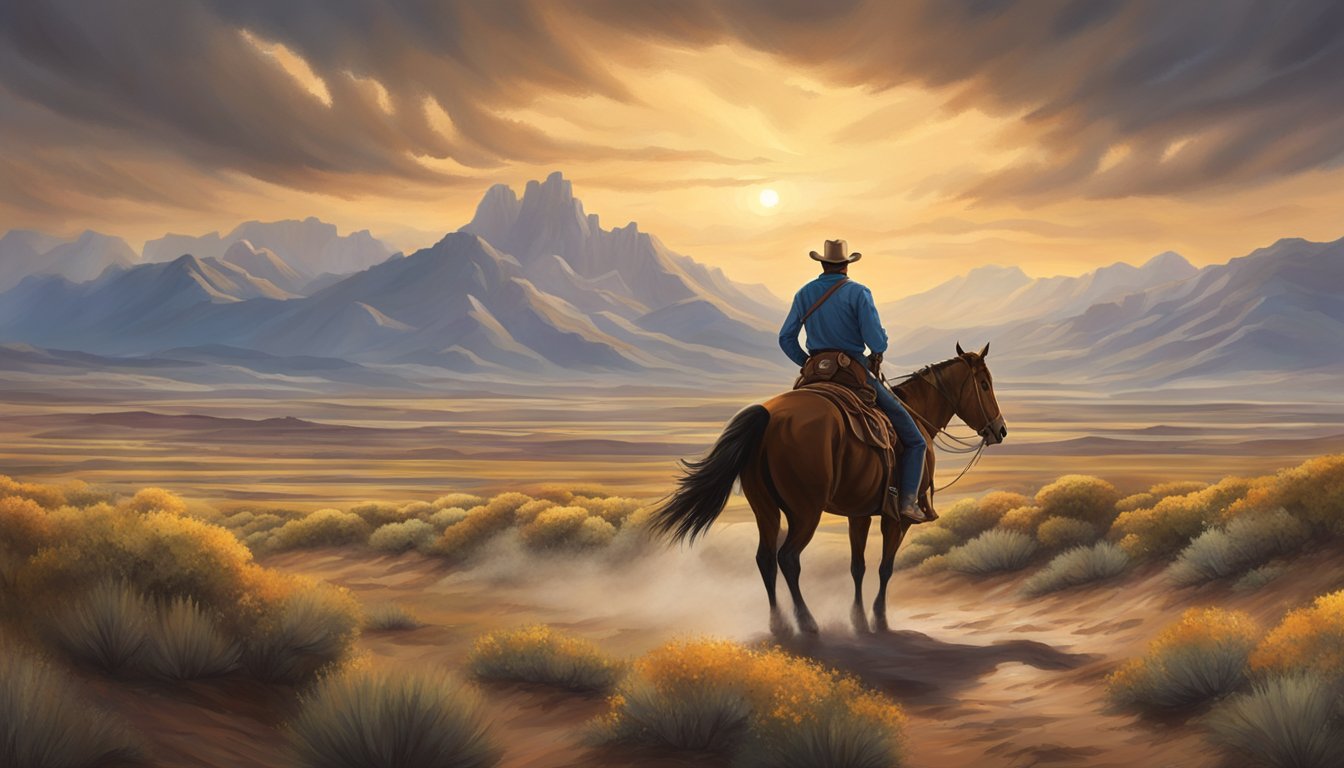 A lone cowboy rides across the vast Texas landscape, with rugged mountains in the distance and a dramatic sky overhead