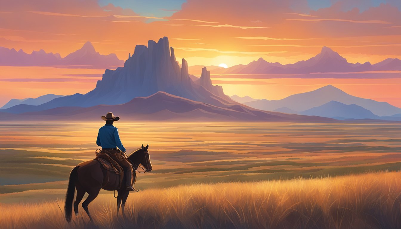 A lone cowboy rides across a vast, open prairie, with rugged mountains in the distance and a colorful sunset on the horizon