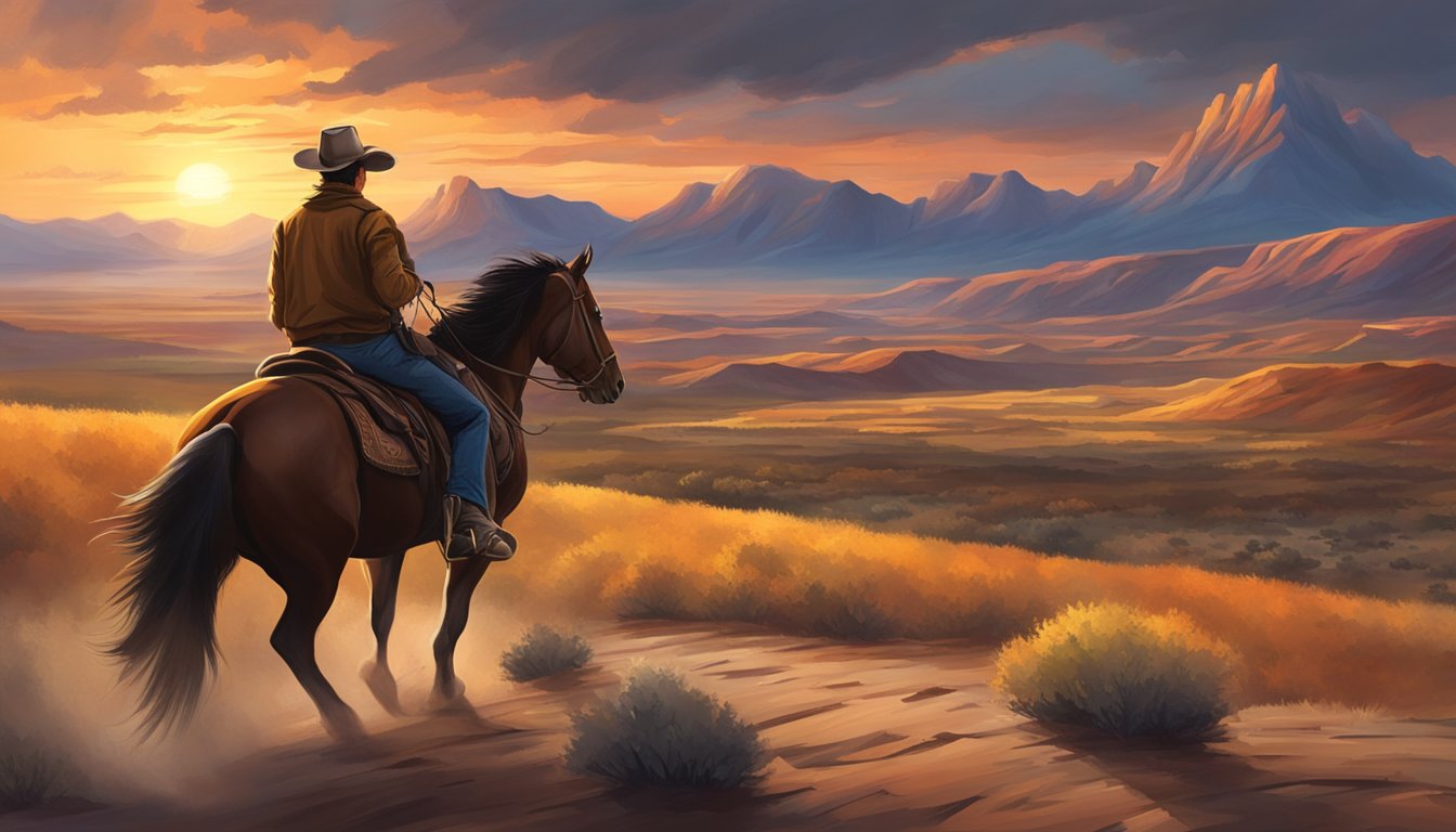 A lone cowboy riding through a vast, rugged landscape, with a dramatic sunset in the background