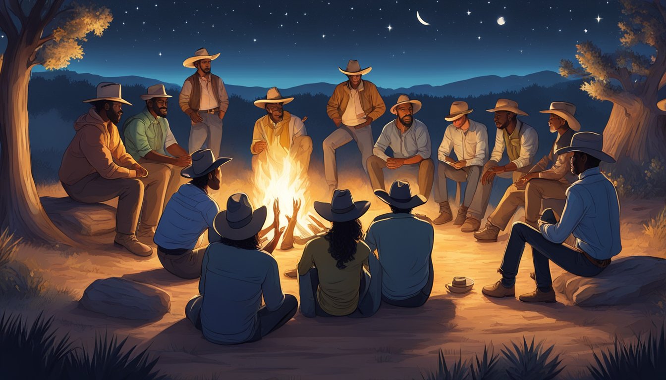 A group of diverse individuals gather around a campfire, listening to a Texas cowboy poet recite his work under the starry night sky