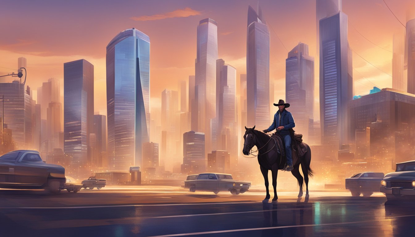 A lone cowboy rides into a modern city, surrounded by skyscrapers and technology, blending the traditional with the contemporary