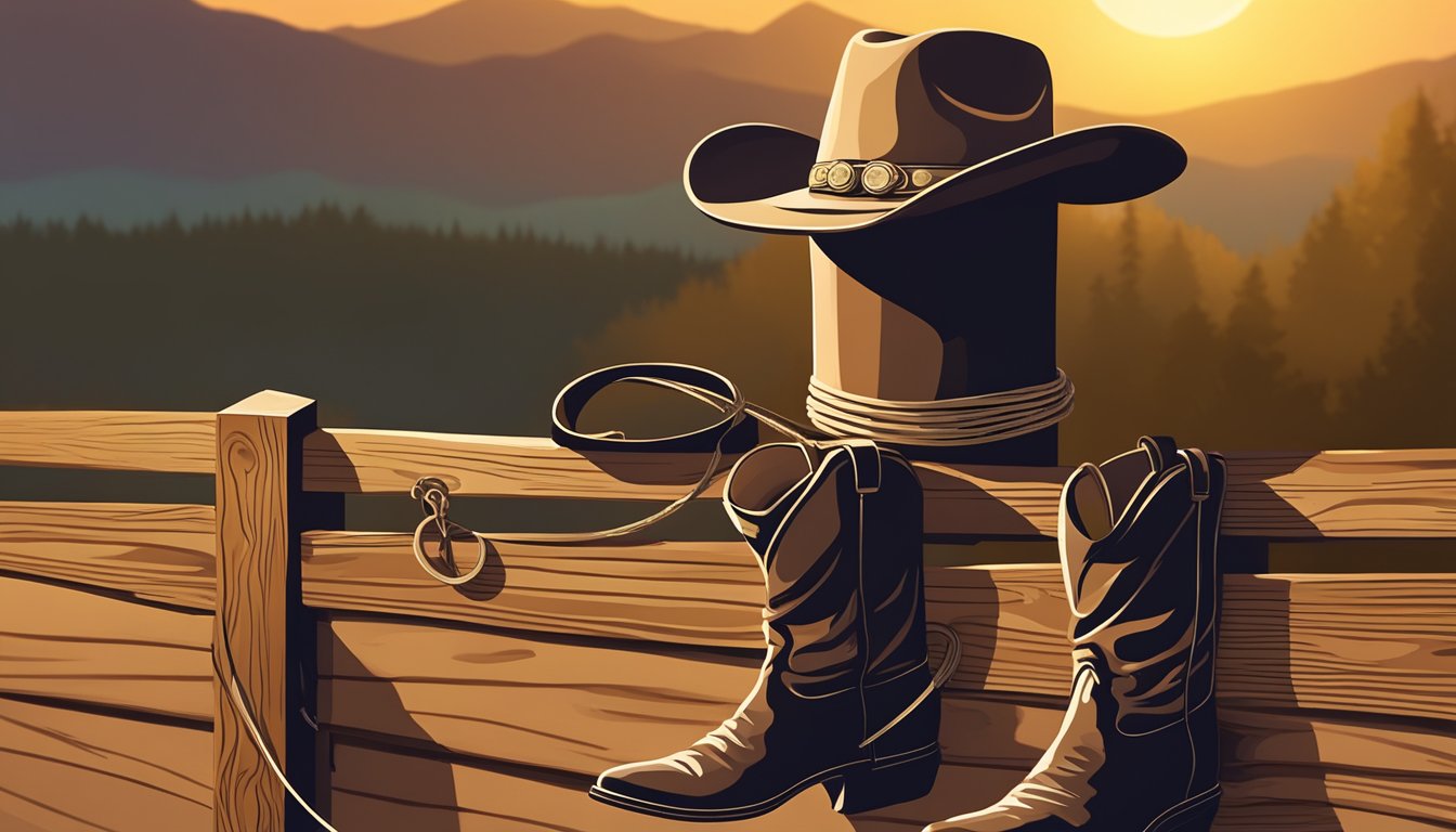 A lone cowboy hat, boots, and a lasso lie on a wooden fence post in the golden light of the setting sun