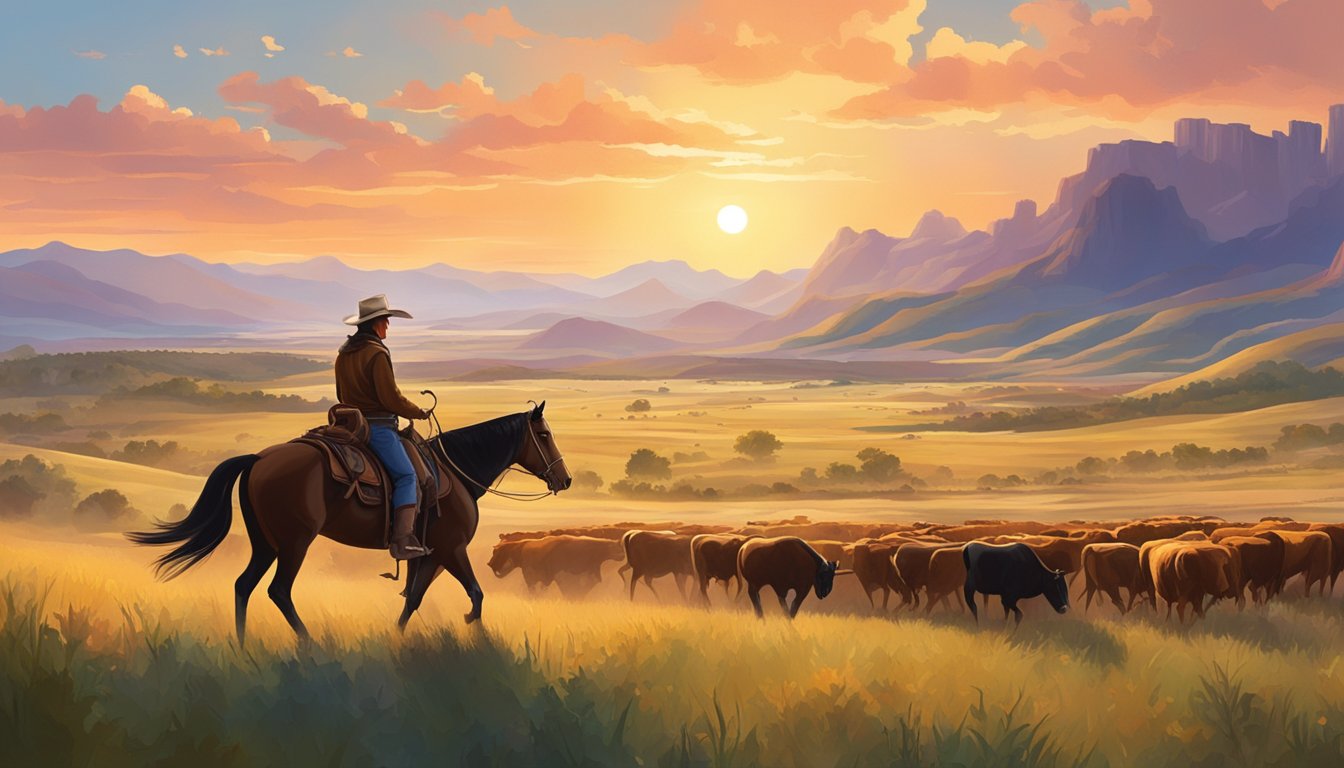 A vast, open prairie with rolling hills, dotted with grazing cattle and traditional western buildings. A cowboy on horseback herding the cattle, with a backdrop of mountains and a colorful sunset