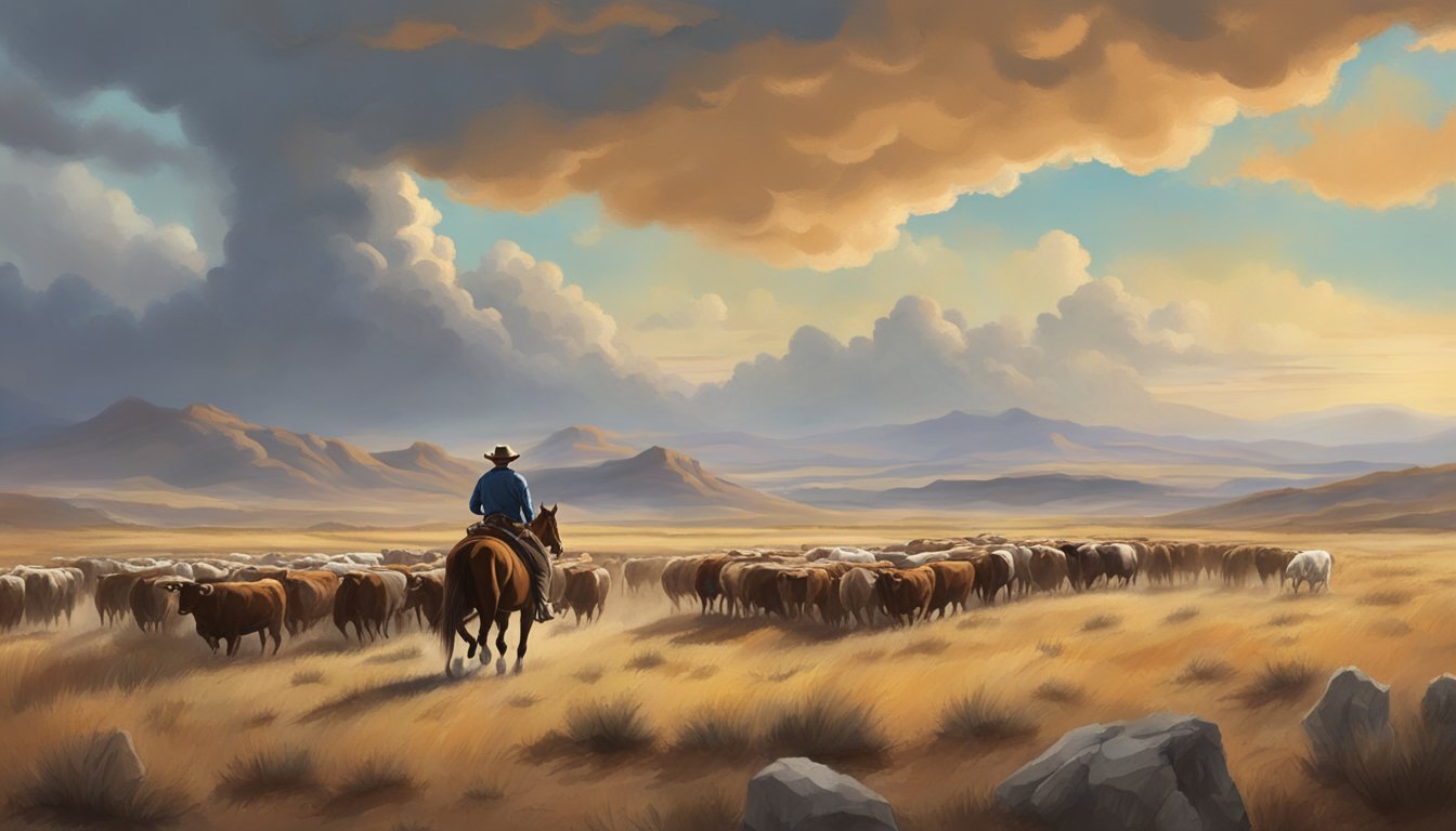 A lone cowboy rides through a rugged, open landscape, herding cattle under a vast, dramatic sky