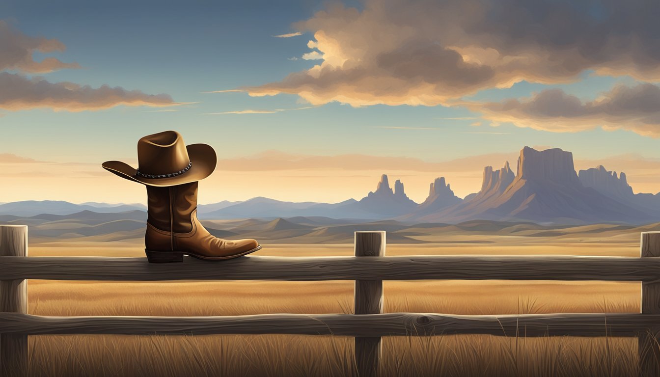 A lone cowboy hat and boots on a wooden fence post, with a backdrop of a vast Texas landscape