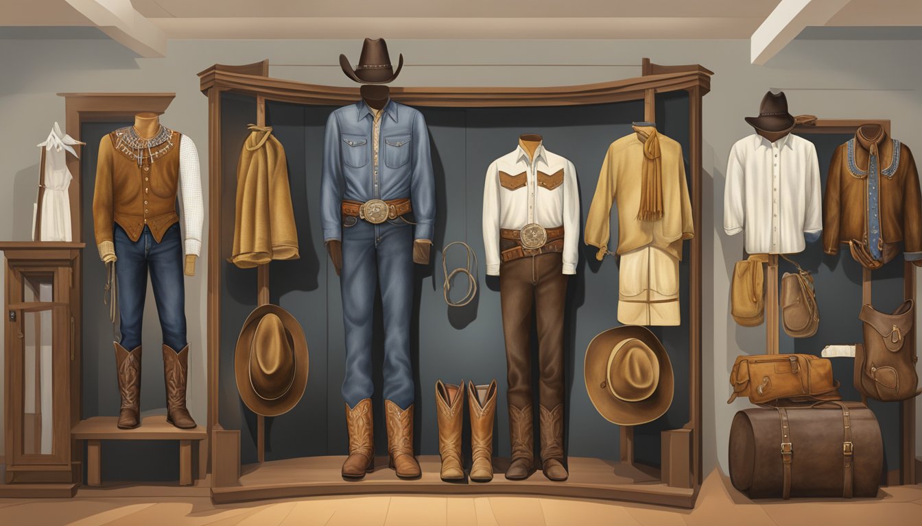 A well-preserved iconic Texas cowboy outfit displayed in a museum exhibit