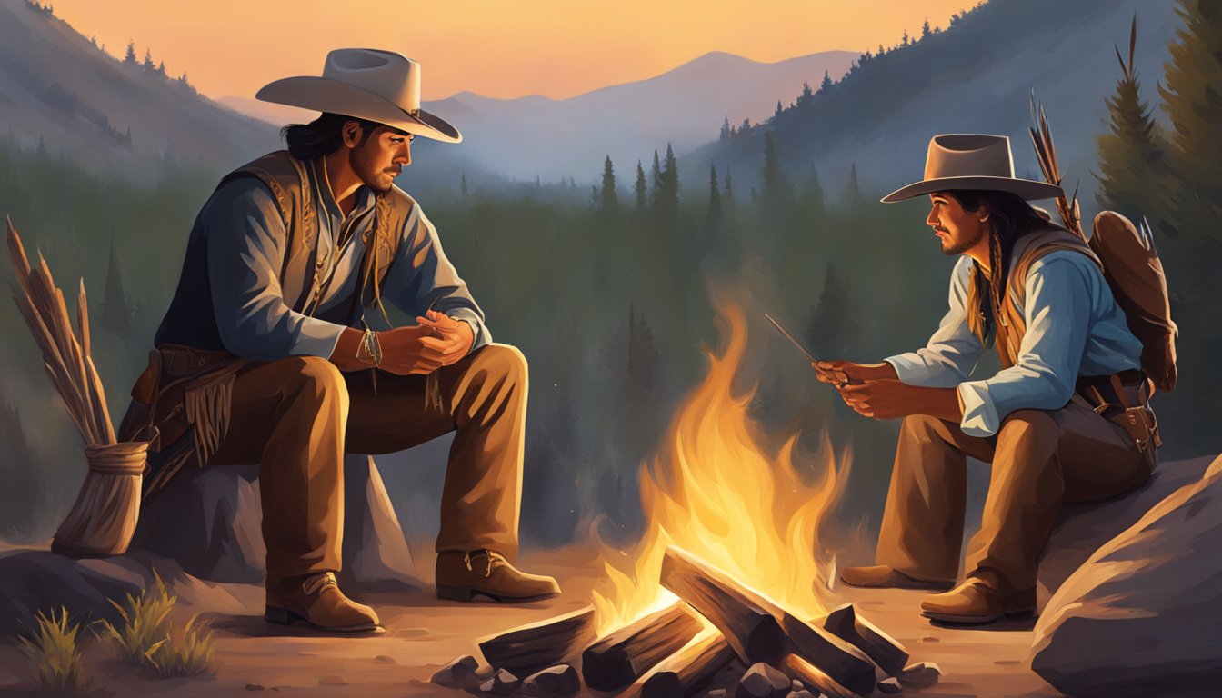 A Texas cowboy peacefully interacts with a Native American, exchanging goods and sharing stories around a campfire