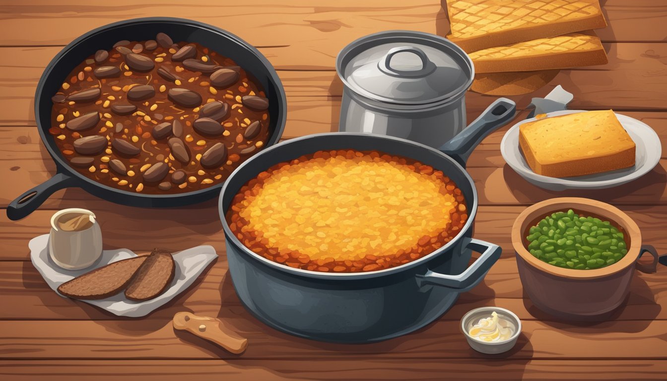 A rustic Texan campfire with a bubbling pot of chili, a sizzling skillet of cornbread, and a spread of smoked meats and beans on a wooden table