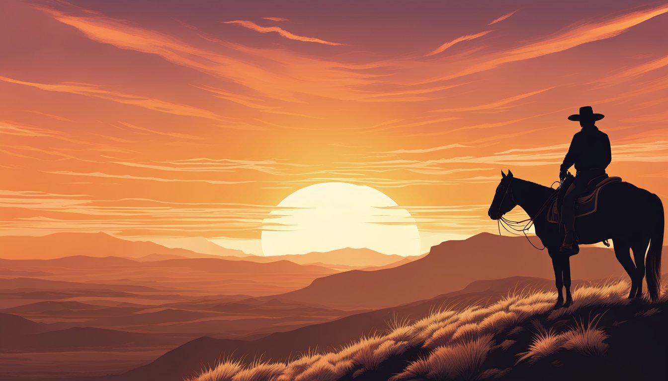 A lone cowboy silhouette against a fiery sunset, hat tipped low, gazing out at the vast, rugged landscape, embodying courage and resilience