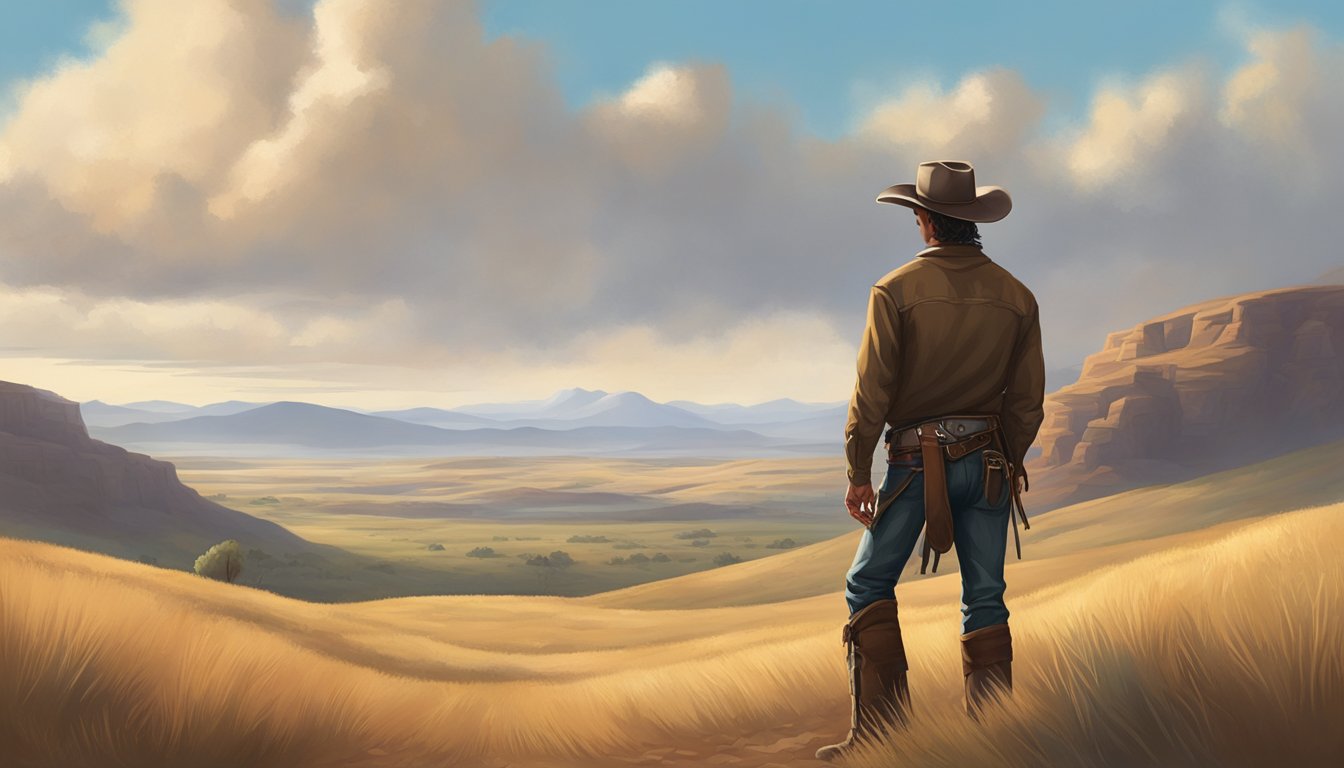 A lone cowboy stands on a vast open plain, gazing out at the rolling hills and endless sky, a sense of connection and reverence evident in his posture