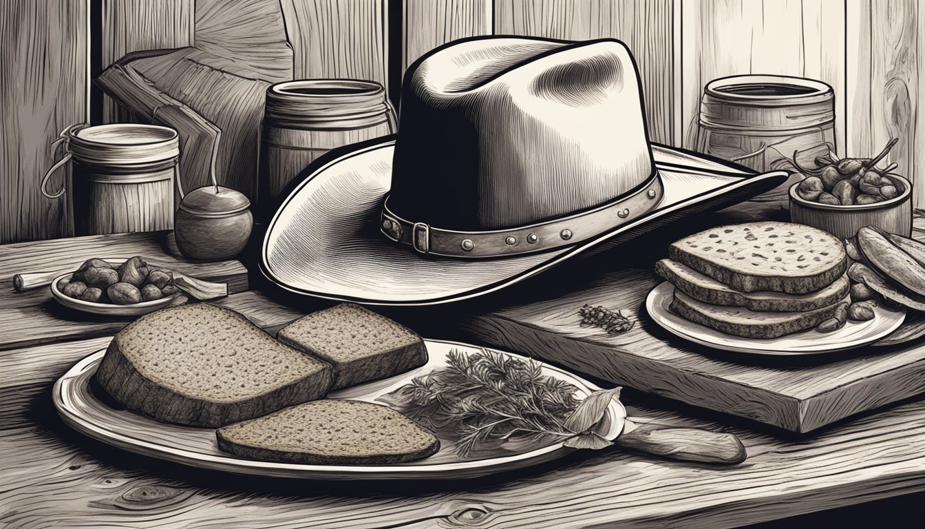 A rustic wooden table adorned with a spread of savory smoked meats, spicy chili, cornbread, and tangy barbecue sauce. A cowboy hat rests nearby