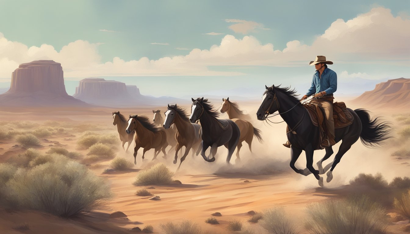 A lone cowboy riding through a rugged desert landscape, with a herd of wild horses running alongside him