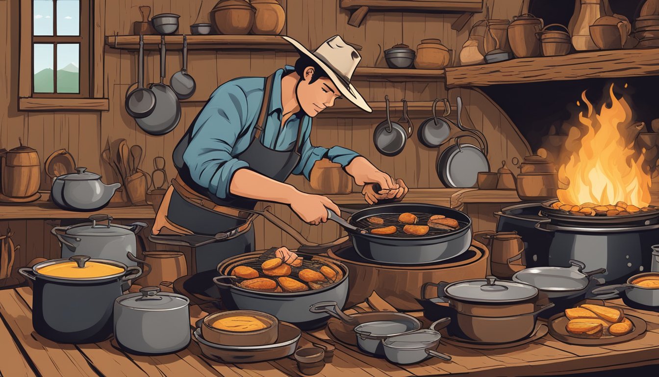 A cowboy cooking over an open flame, surrounded by cast iron pots and pans, with a rustic wooden table set for a hearty meal