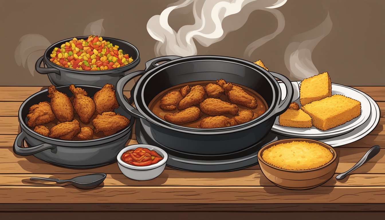 A rustic wooden table set with steaming bowls of chili, cornbread, and a cast iron skillet filled with sizzling fried chicken