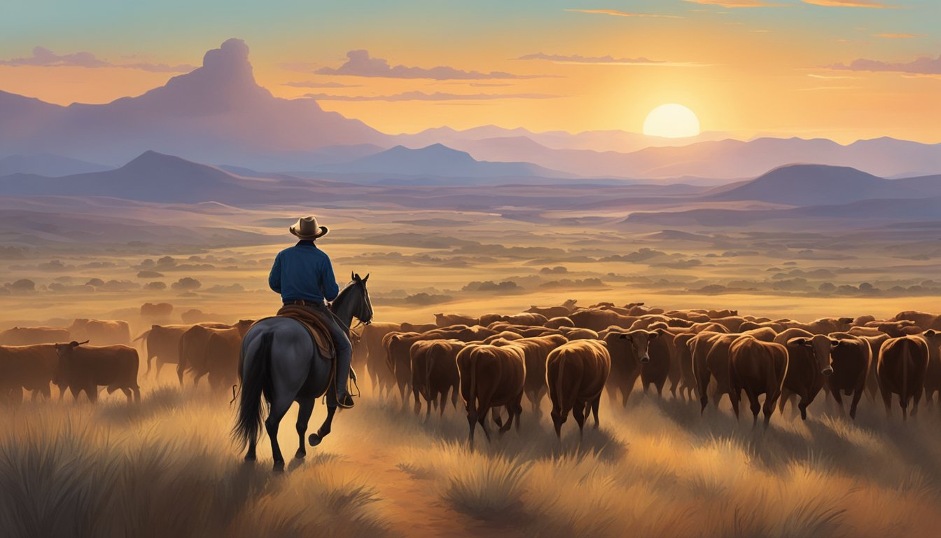 A lone cowboy riding into the sunset, with a herd of cattle in the distance and a rugged landscape