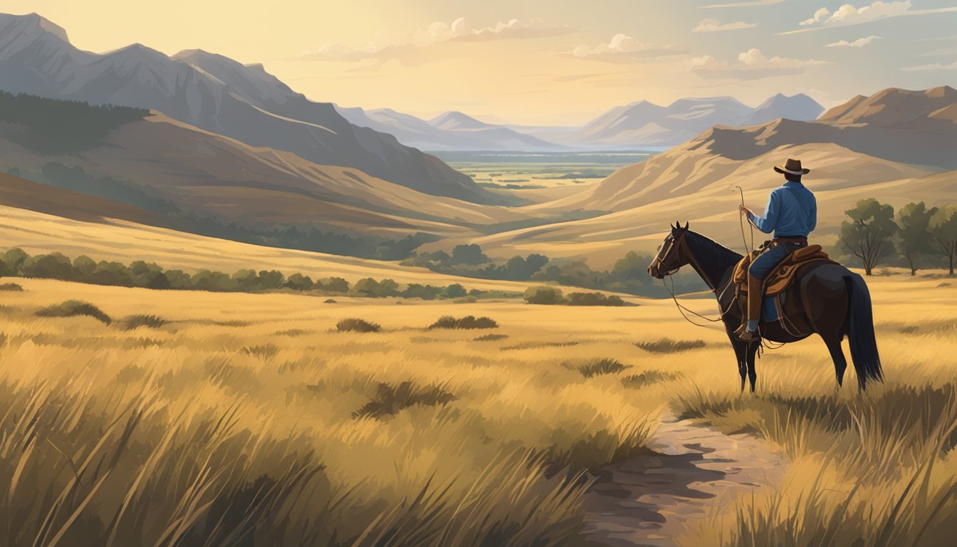 A cowboy in a wide open prairie, tracking wildlife and observing the natural habitat