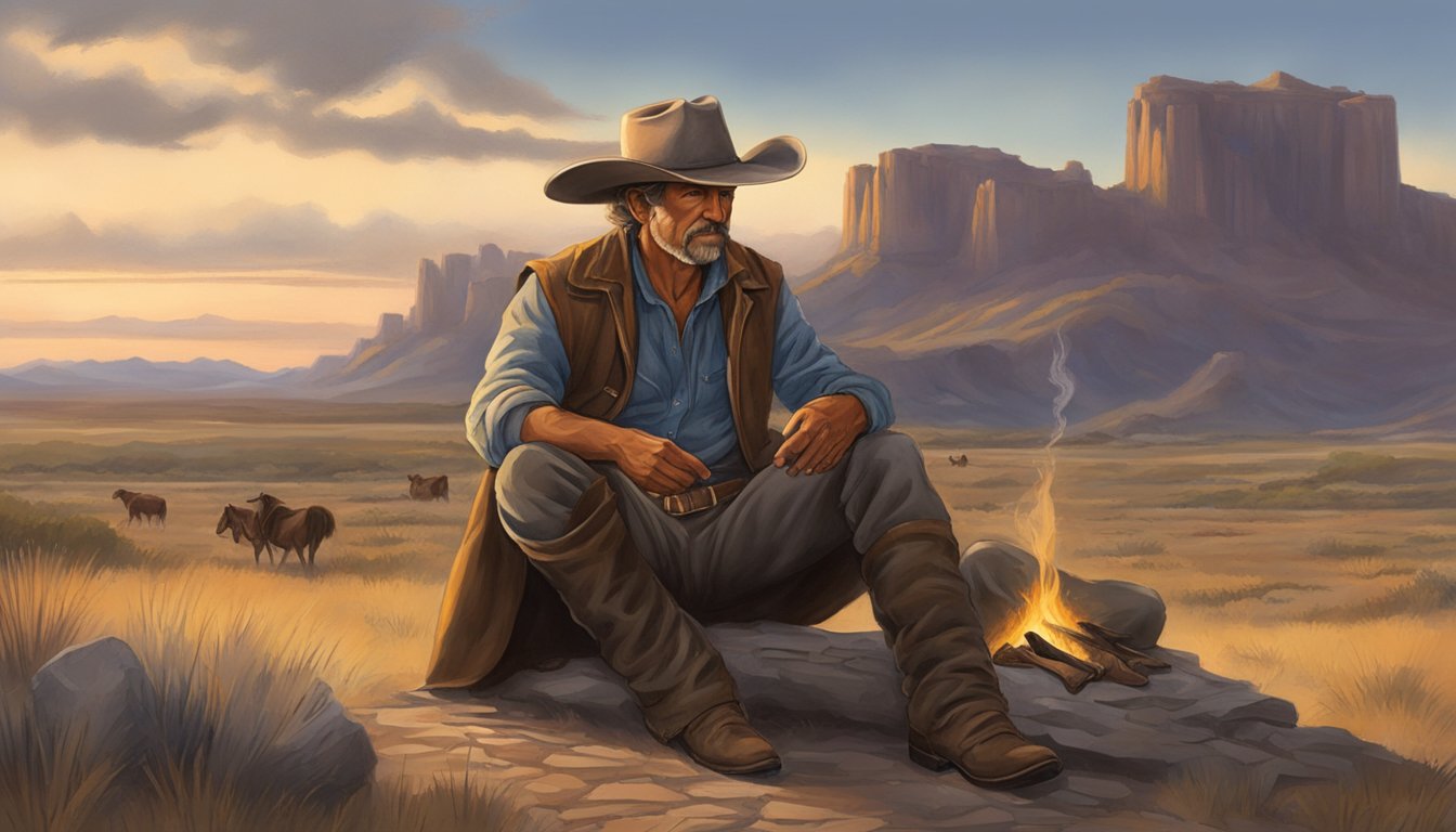 A lone cowboy sits by a crackling campfire, surrounded by the rugged beauty of the open range. His weathered face reflects the wisdom of years spent under the vast western sky