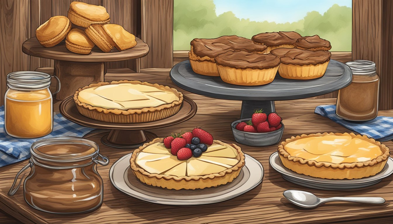 A rustic Texan dessert spread with pies, cobblers, and sweet treats on a wooden table