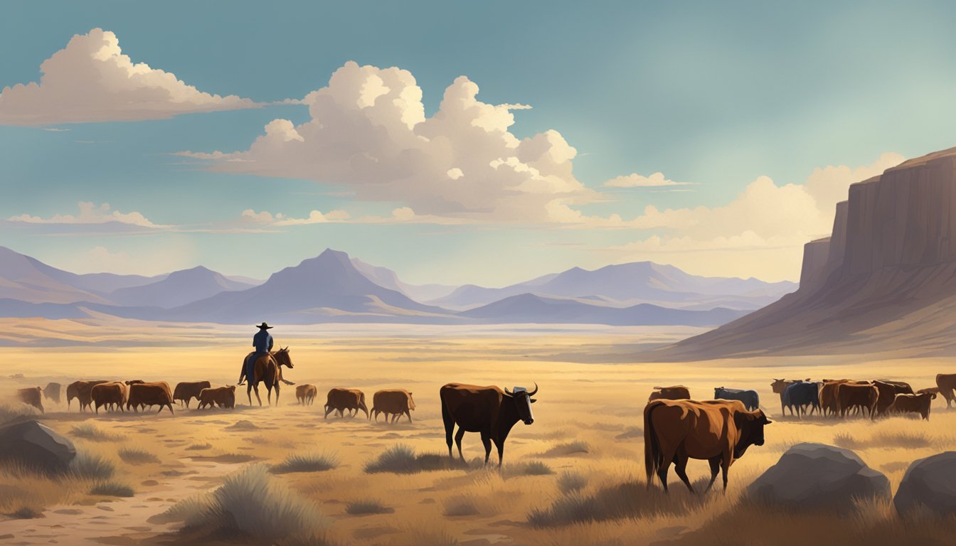 A lone cowboy riding through rugged terrain, with a herd of cattle in the distance, under a vast open sky