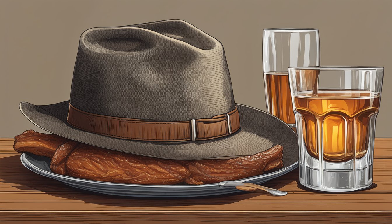 A cowboy hat rests on a wooden table beside a plate of BBQ ribs and a glass of whiskey