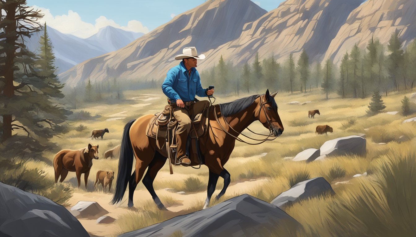 A cowboy tracking wildlife through rugged terrain, observing and documenting animal behavior for conservation efforts