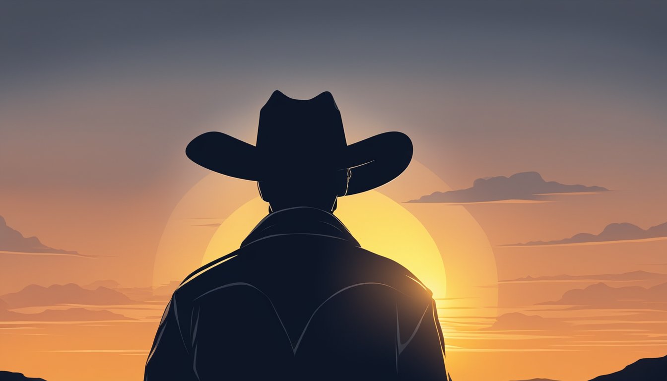 A lone cowboy silhouette against a setting sun, hat tilted back, gazing into the distance with a sense of determination and wisdom