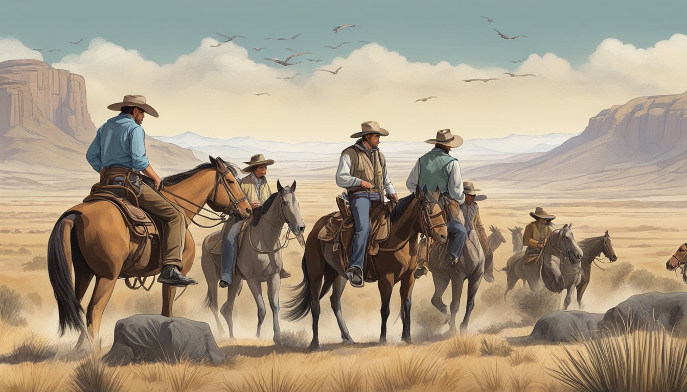 A group of cowboys observe migrating animals and track their movements for conservation efforts