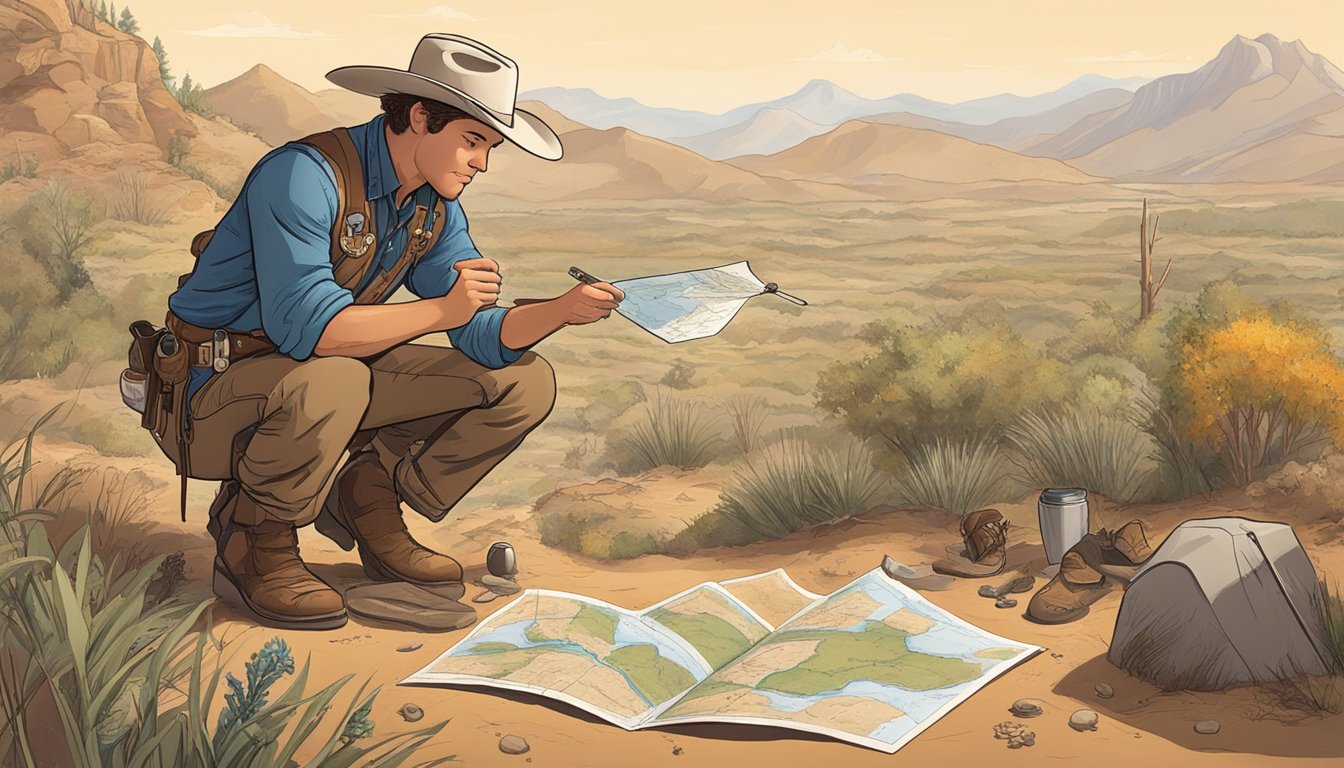 A cowboy crouches, studying animal tracks in the dirt. A compass, map, and field guide lay nearby. Surrounding flora and fauna are rich and diverse