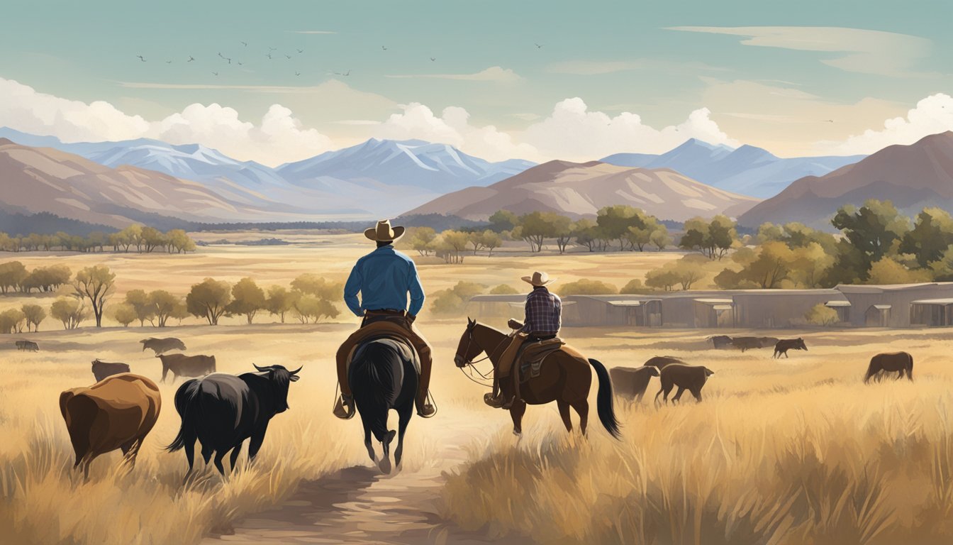 A cowboy tracking wildlife in a modern ranch setting, with sustainable practices and conservation efforts evident