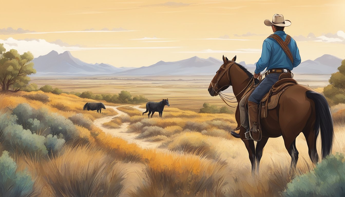 A cowboy tracking wildlife in a vast, open landscape, surrounded by native plants and animals