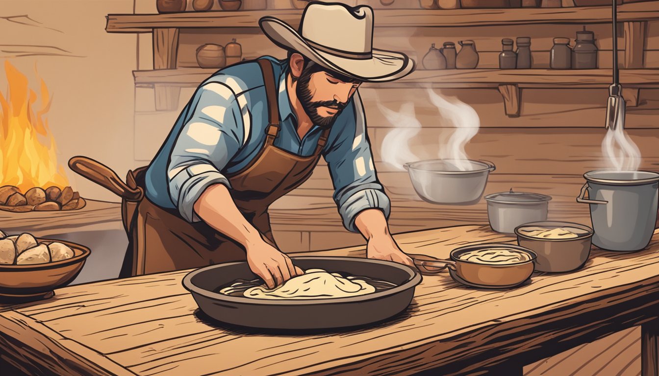 A cowboy kneading dough on a wooden table, while a pot of gravy simmers over an open fire in the background