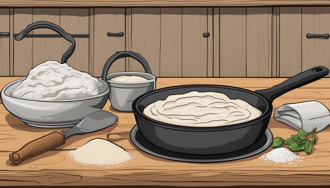 A rustic kitchen counter with flour, buttermilk, a rolling pin, and a cast iron skillet filled with creamy sausage gravy