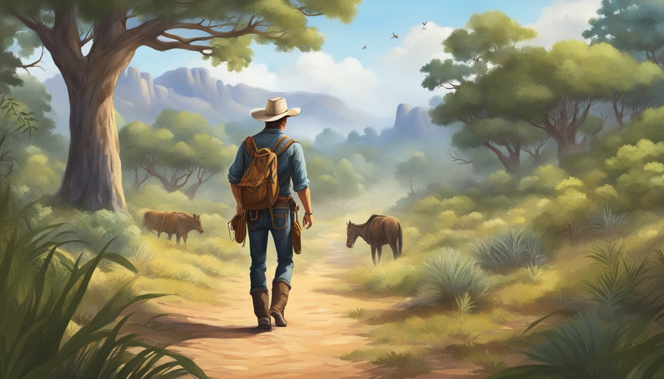 A lone cowboy silently tracks animal footprints in the wilderness, surrounded by diverse wildlife and lush vegetation