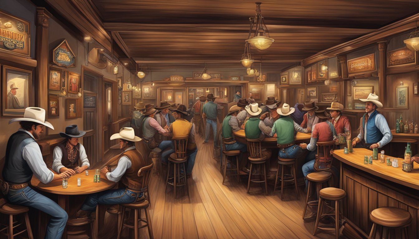 A bustling saloon with swinging doors, a long bar, and poker tables, surrounded by cowboy hats and boots