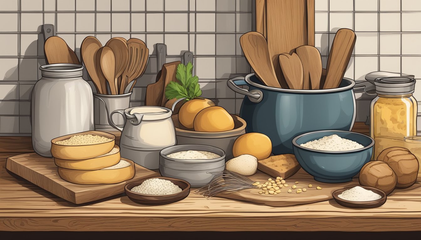 A rustic kitchen counter with ingredients and utensils for making cowboy biscuits and gravy