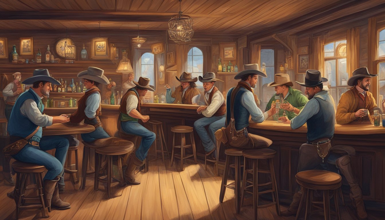 A bustling saloon with cowboys chatting, playing cards, and drinking, while the bartender serves drinks and the piano player provides lively music