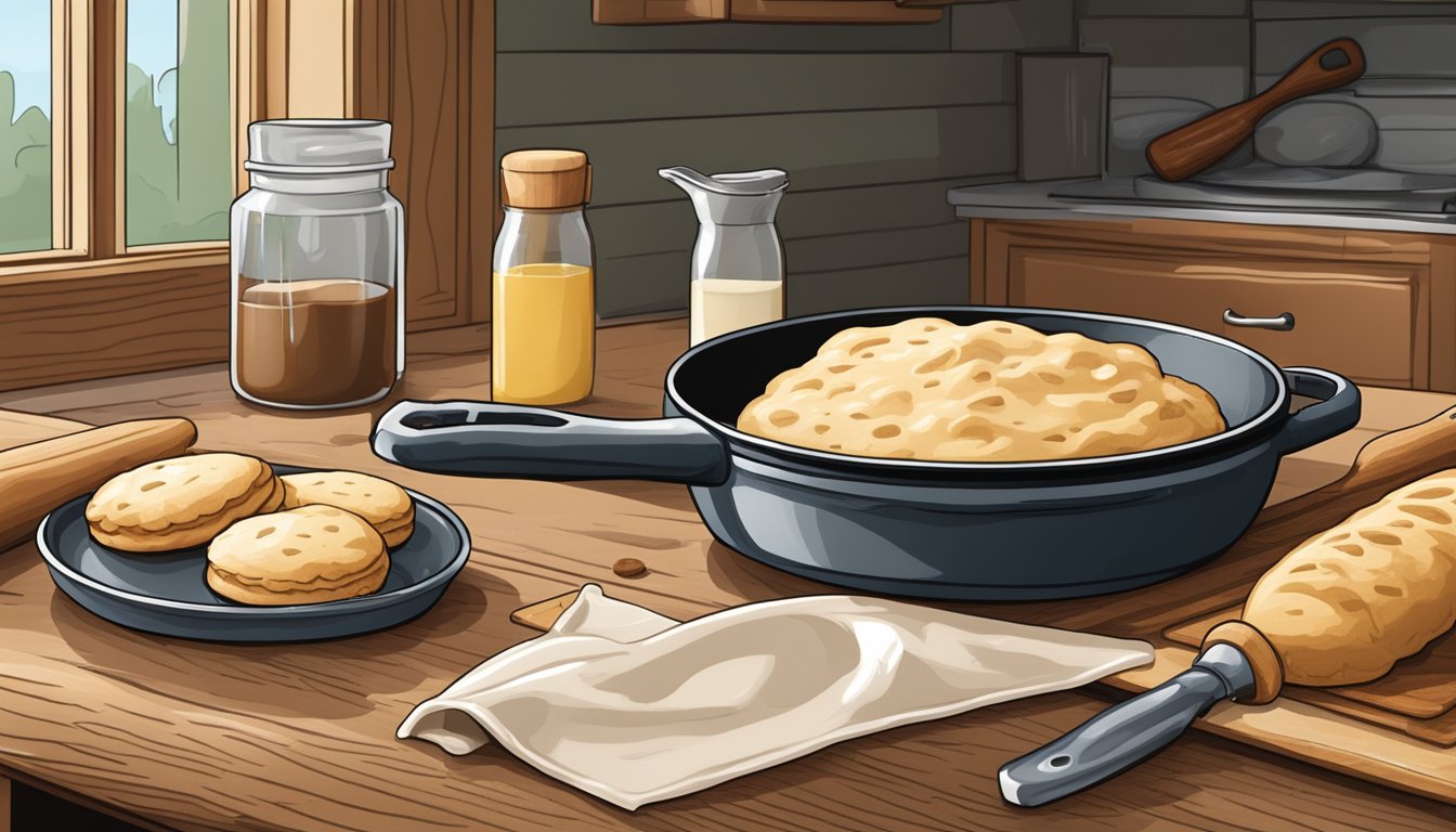 A rustic kitchen counter with a rolling pin, flour, buttermilk, and a cast-iron skillet filled with sizzling gravy and freshly baked cowboy biscuits